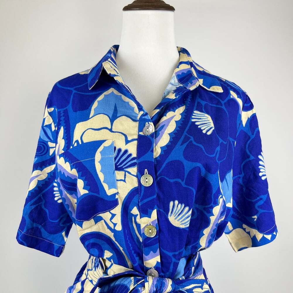 NWOT Farm Rio Linen-Blend Tropical Groove Belted Romper Blue Floral Size S - Picture 3 of 12